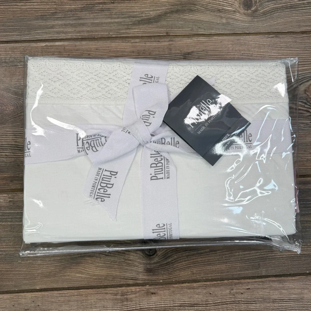PiuBelle Queen Size 4 Piece Sheet Set White 100% Cotton Lace Trim Portugal NEW